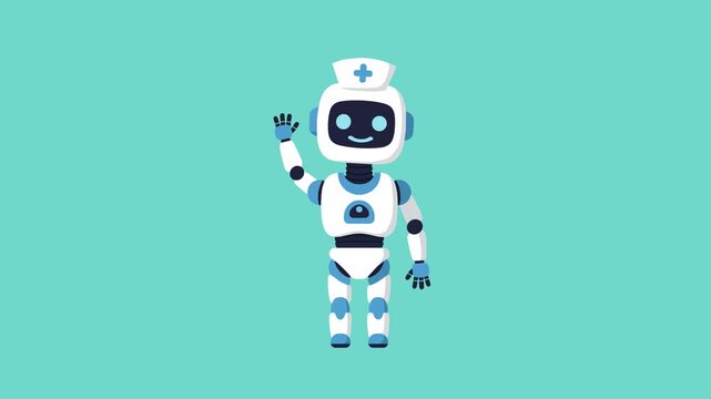 Animated friendly robot character dressed as a nurse, waving on a soft cyan background. Ideal for tech presentations, educational animations, and digital assistant videos.