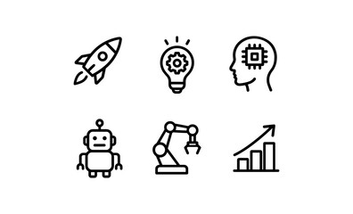 Technology innovation icons: ai, robotics, and growth in linear style