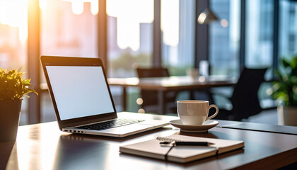 Laptop, notebook and coffee cup on editor’s desk