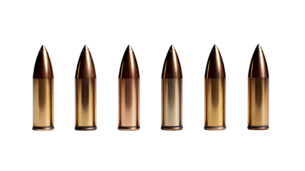 Metal bullets in various sizes arranged together isolated on white background