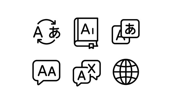 Language translation icon set in minimalist line style for apps and websites