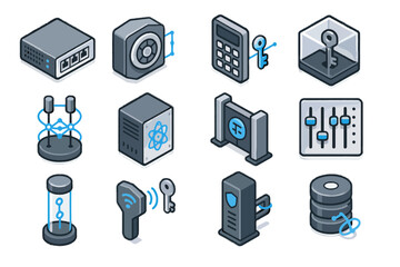 Isometric technology icons collection for digital and security applications