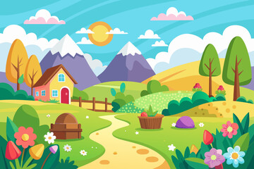 Fototapeta premium Sunny Countryside Landscape with an Easter Egg Hunt Scene vector illustration