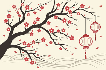Plum Trees and Birds in a Traditional Brush Painting Style vector illustration
