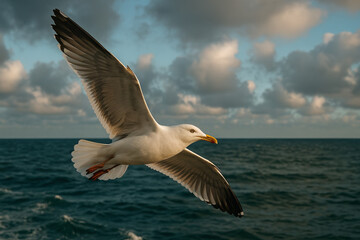 Fototapeta premium Graceful seagull soaring over tranquil ocean with cloudy sky, capturing freedom and coastal scenic beauty.