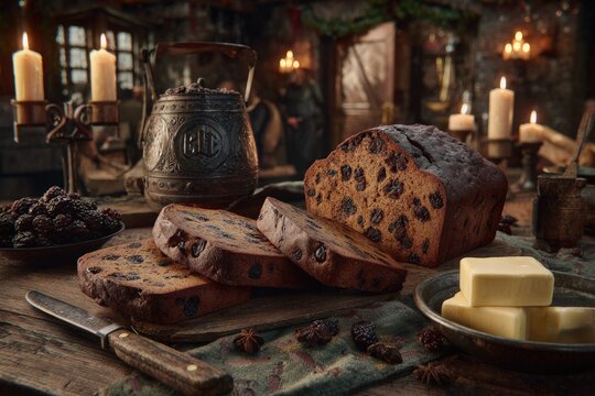 Atmospheric rustic still life featuring sliced fruitcake, butter, blackberries, and an ornate kettle, set against a warm, candlelit, historical background