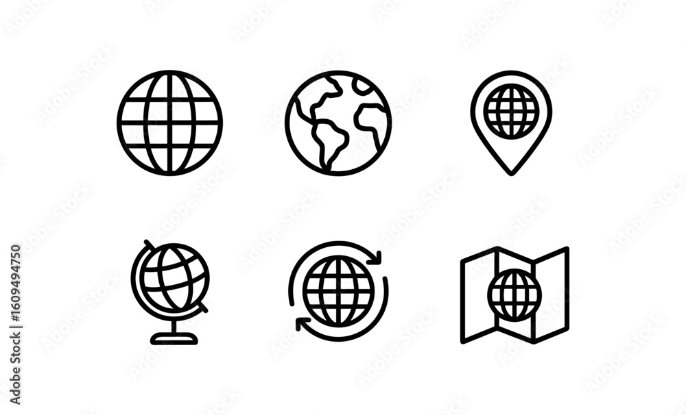 Wall mural simple black line icons of globes and maps for web and app design