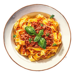 Fettuccine Bolognese in watercolor style, vector illustration, isolated on white background.