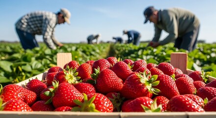 Freshly Picked Strawberries in Wooden Crate with Farmers Harvesting in Field strawberry fruit