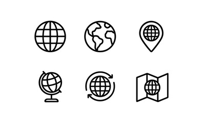 Simple black line icons of globes and maps for web and app design