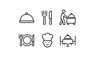 Minimalist dining and catering icons: chef, table setting, and service