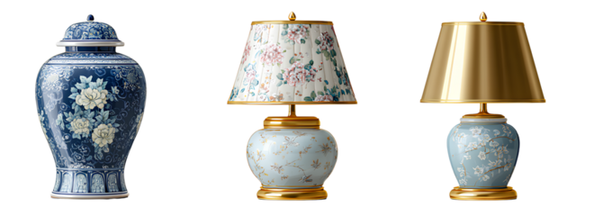 3 lampshades, one blue and white porcelain vase with a floral pattern on the top, one ceramic jar lamp in pastel colors, one golden metal lampshade, transparent background.