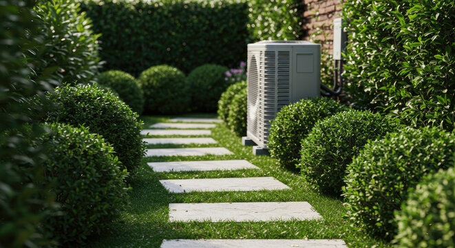 Modern Outdoor Air Conditioning Unit Light Gray Rectangular in Landscaped Garden Setting.