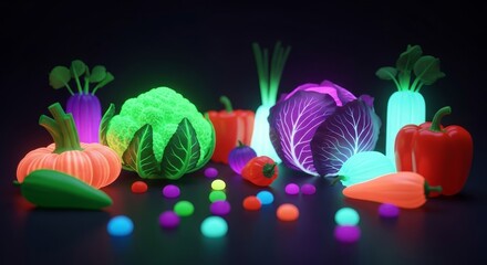 Neon Glow Vegetables - Futuristic still life of vibrant, glowing vegetables in neon colors. Symbolizing: health, technology, innovation, nature, and the future of food