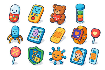 Colorful collection of friendly health-themed icons for kids