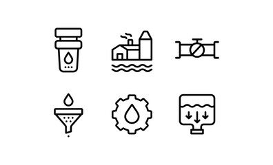 Linear water supply and filtration outline icons set for utility systems