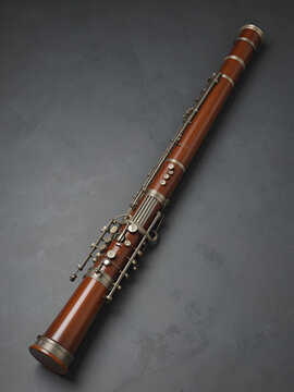 A contrabassoon, a large double-reed woodwind instrument, lies on a dark gray surface.