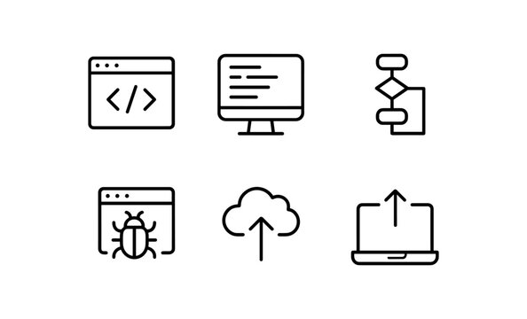 Minimal technology icons: software development, cloud computing, bug fixing, code editor