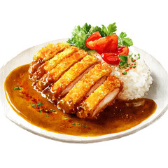 Watercolor vector illustration of Katsu Curry, isolated on white background.