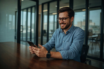 An upbeat young professional smiling while reviewing a phone at his office during workday Modern
