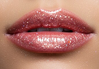 Closeup of womans lips with sparkling glitter makeup