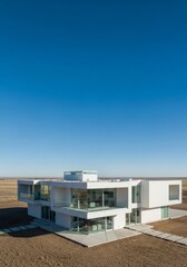 Fototapeta premium Modern Prairie House Design - Striking contemporary home showcasing clean lines and expansive glass windows, set against a vast prairie landscape under a clear blue sky