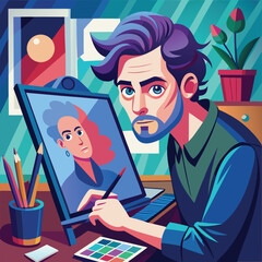 Artist creating digital portrait on white background digital art illustration