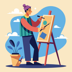 Artist painting abstract shapes on canvas easel brush