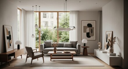 Fototapeta premium Modern Minimalist Living Room Interior Design - Stylish and serene living room with neutral tones, large windows, and minimalist decor. Perfect for showcasing modern home design