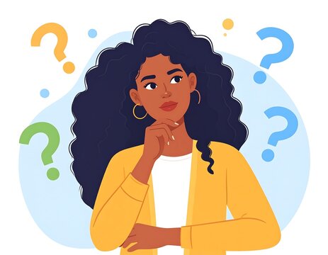 Thoughtful woman with curly hair, pondering questions