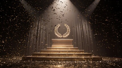 Golden laurel wreath on podium under spotlights with falling confetti