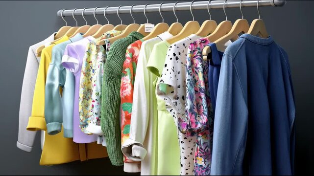 Row of colorful clothes including blazer, sweaters, shirts and denim jacket hanging on hangers on metal rack