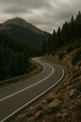 Fototapeta premium Winding mountain road through forested hills under cloudy sky, offering peaceful, scenic, remote travel experience.
