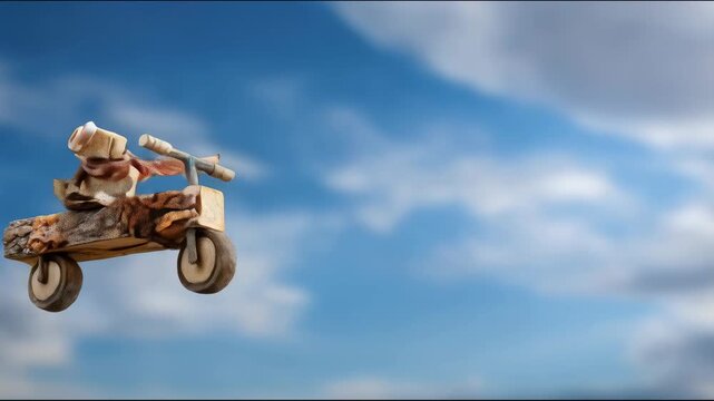 A figurine of a frog made of bread with big eyes, sitting on a wooden motorcycle with wooden wheels and decorated with bacon as a scarf, flying against a blue sky with clouds