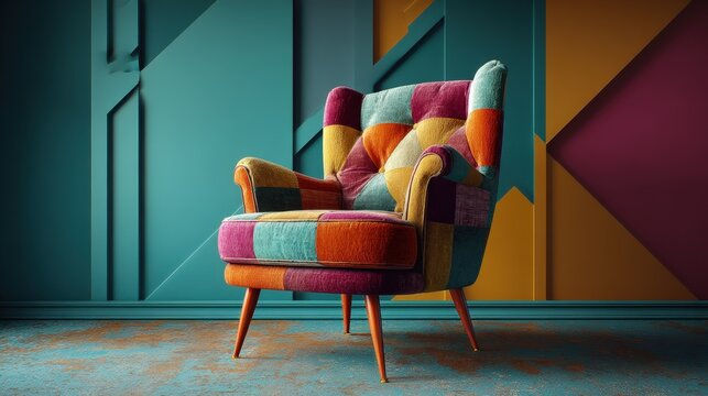 Colorful Patchwork Armchair in a Stylish Modern Interior Room A Vibrant and Unique Design for Home Decor