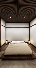 Bedroom japanese minimal style.,Modern white wall and wooden floor, room minimalist. 3D rendering