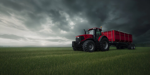Obraz premium Tractor in Crop Field under Moody Clouds and Diffused Light