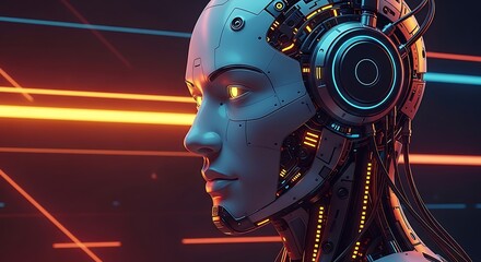 Futuristic robot head with glowing yellow eyes and intricate mechanical details android cyborg