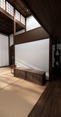 mock up cabinet and plants decoration on living room minimal japan style.3D rendering