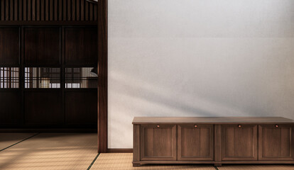 mock up cabinet and plants decoration on living room minimal japan style.3D rendering