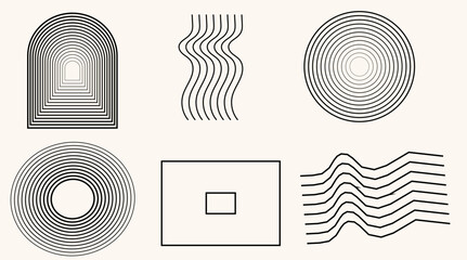 Modern abstract vector set with six minimal geometric shapes including waves, circles, arches, and rectangles. Clean black line elements ideal for posters, branding, UI design, and digital art layouts