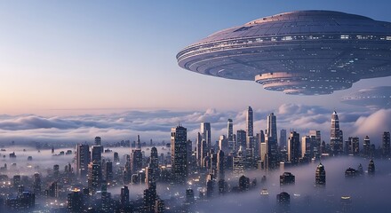 Giant alien spacecraft hover over a foggy city skyline at dusk image
