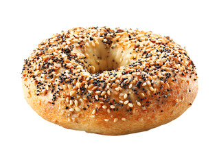 Fresh baked everything bagel with sesame seeds ready for breakfast isolated on white background 