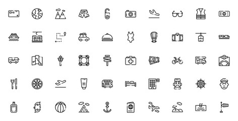 Travel icon set. Minimal vector illustration. Includes symbols for airplane, passport, suitcase, beach, credit card, hotel, map, compass, bus, train and more. Editable stroke design.