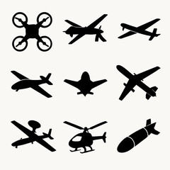 Silhouette of Various Aircraft and Drones in Flight on White Background