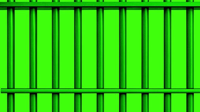 Animation of the opening and closing of black prison bars on the background of chromakey. Open and close jail bars door with alpha matte for use as freedom concept. prison door on green screen.