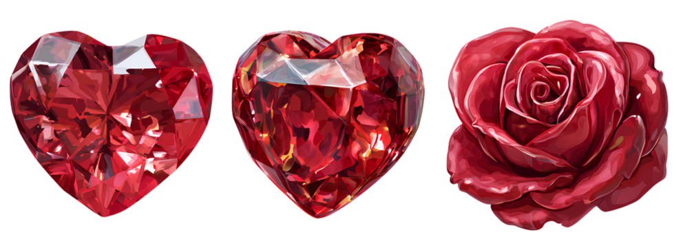 3 red crystal heart and rose icons, isolated on a transparent background. - Powered by Adobe
