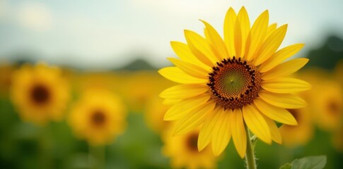 Obraz premium Close-up of a single sunflower, artistic focus, yellow hues , seed, bright