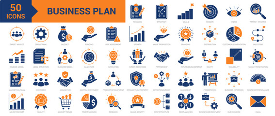 Business Plan icon collection set. Containing planning, strategy, vision, mission, goals, branding, distribution, customer segmentation, business expansion, innovation, growth icon. Simple flat vector