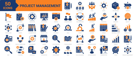 Project Management icon collection set. Containing procurement, productivity, efficiency, leadership, planning, time management, decision-making, stakeholder, control, success icon. Simple flat vector